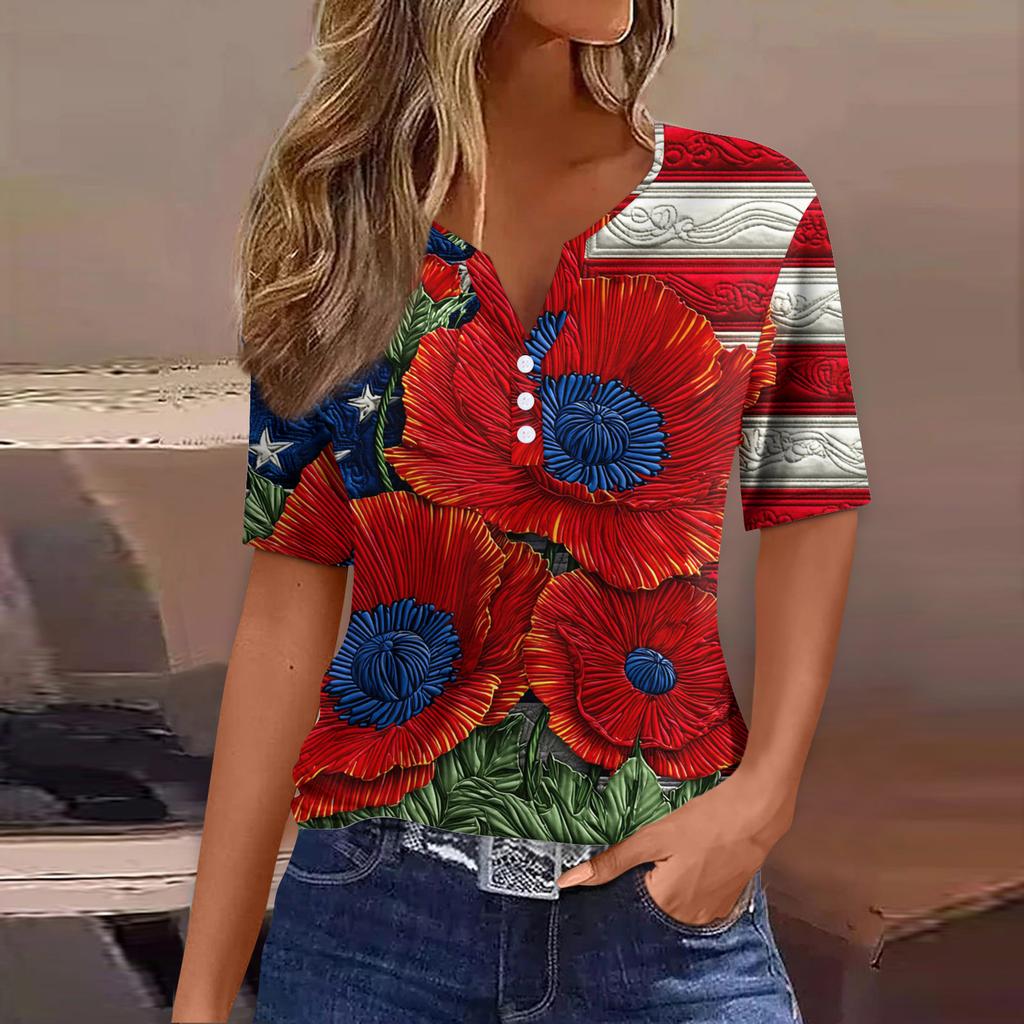 Women's T Shirt Tee Print Button Short Sleeve Daily Weekend Fashion Basic V- Neck Regular Top