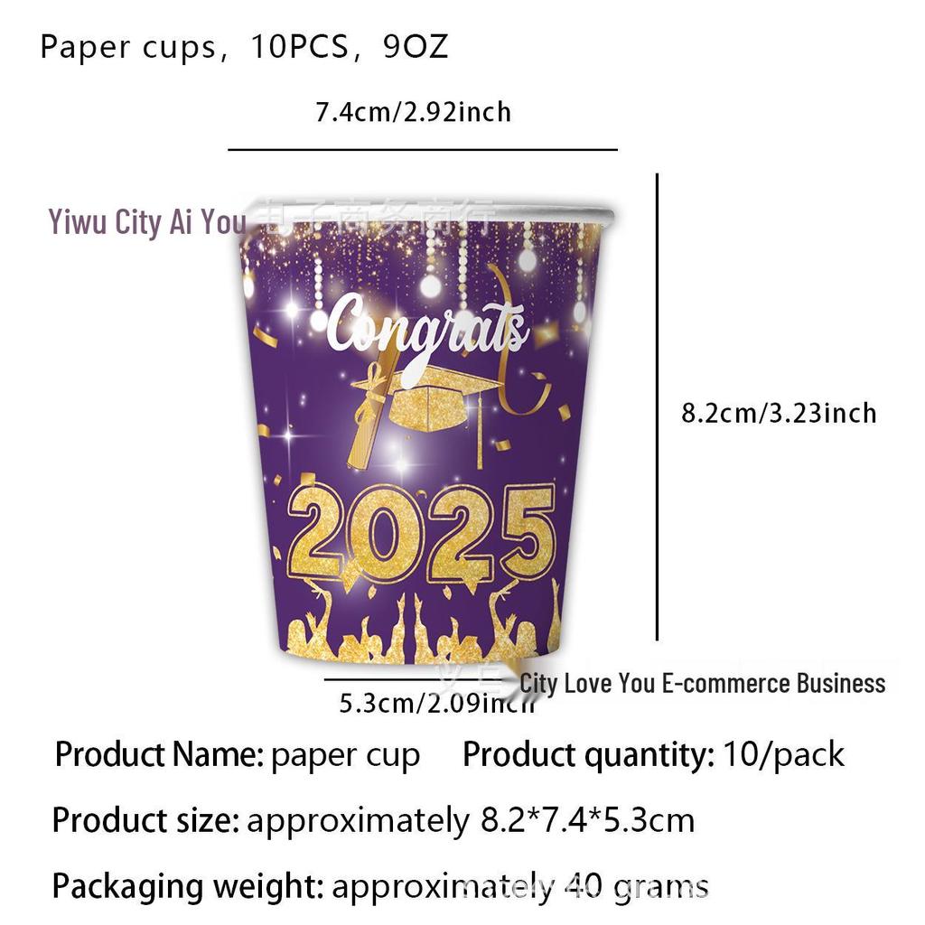Graduation Party Disposable Tableware Set: Paper Plates, Cups, Banner, Tablecloth, and Knives. Perfect for University Graduation Celebrations.