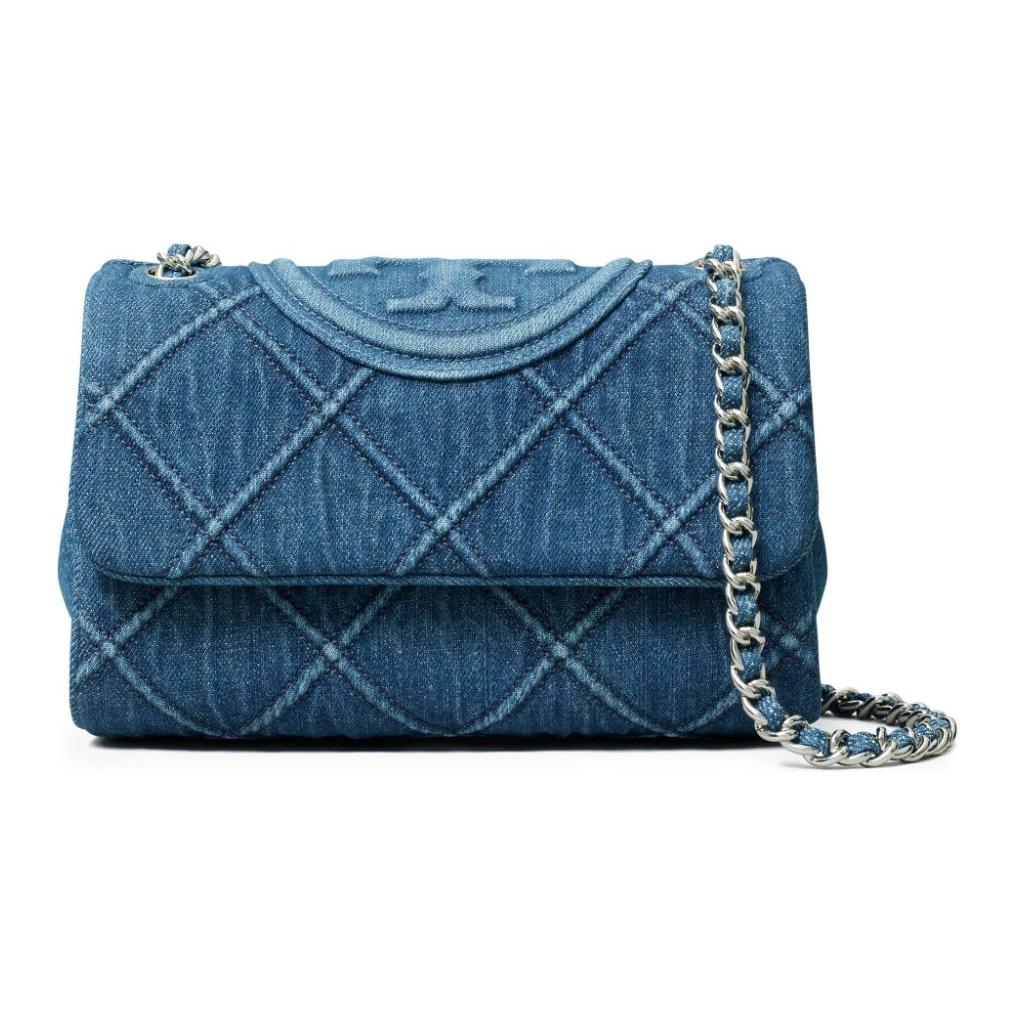 Tory Burch Fleming Diamond Pleated Embossed Double T Logo Fabric Crossbody Shoulder Bag Small Women Bags Denim-Blue 154739-426