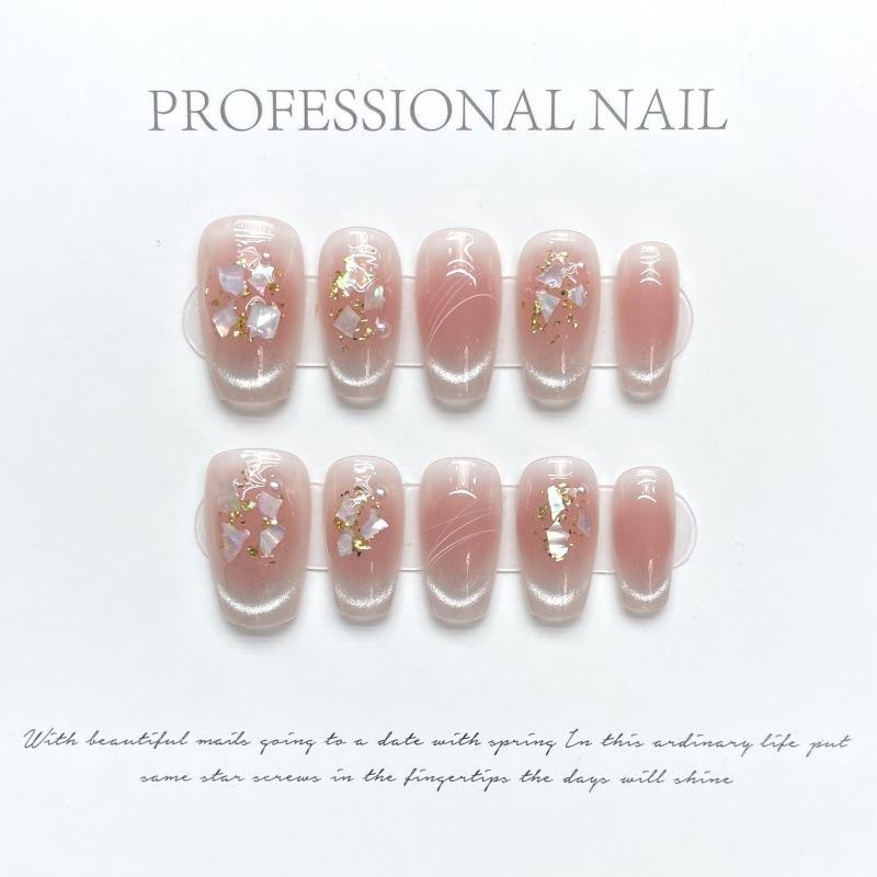 

10 шт./набор из ракушек кошачий глаз, золотая фольга, жемчужные румяна, дизайн ногтей, съемные накладные ногти ручной работы Large L