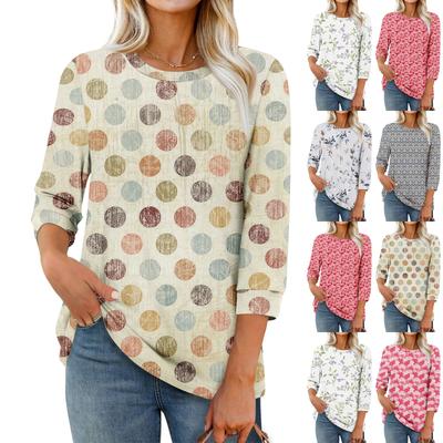 Moda feminina casual gola redonda manga 3/4 solta estampada camiseta feminina top