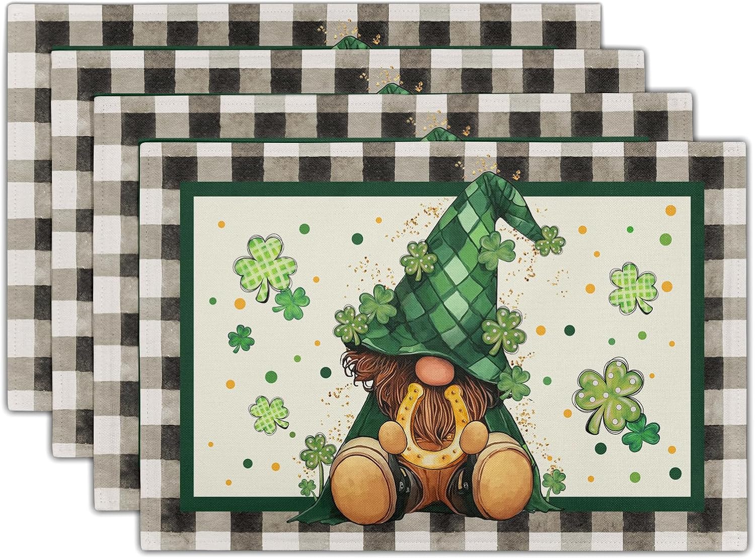 

St Patrick s Day Placemats Set of 6 18x12 Inch Irish Shamrock and Gnome Green Linen Place Mat Wipeable Saint Patricks Day Clover Table Mat 6PCS