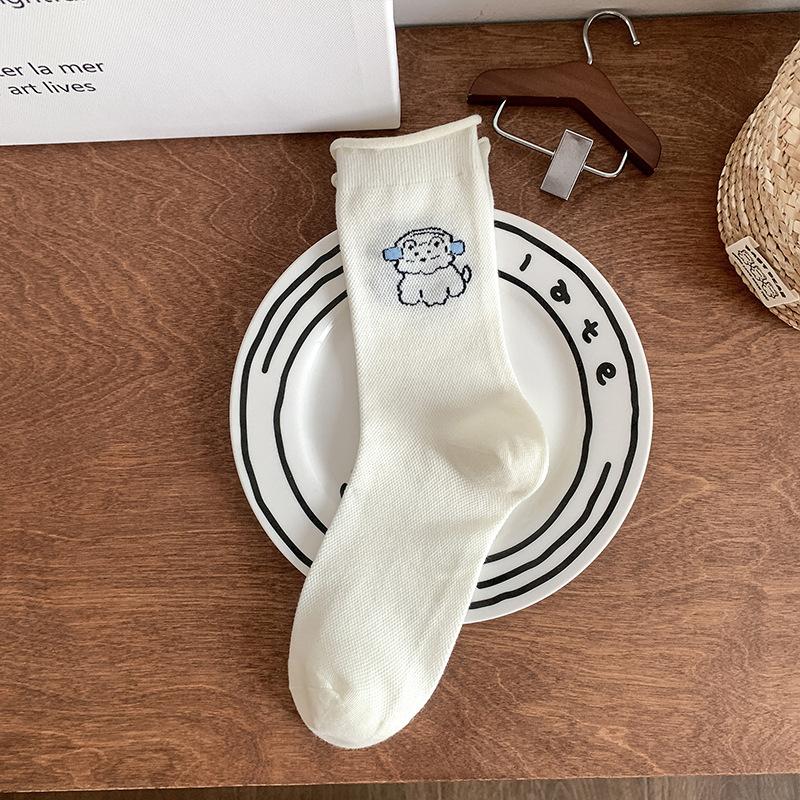 

Female Summer Thin Sweet Bow Puppy Cartoon Animal Polka Dot Striped Lace Mid Tube Pile Socks 1 pair