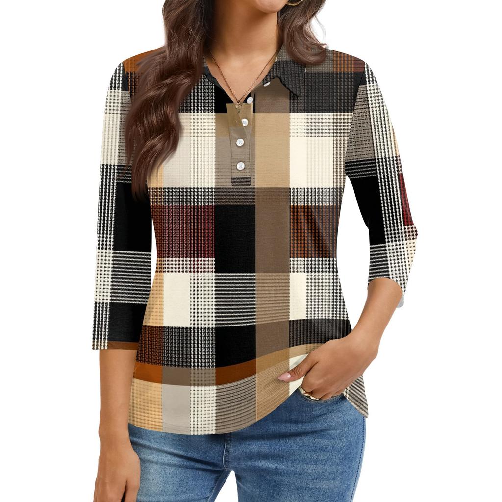 Camicia Casual da Donna con Collo a Revers, Manica Corta 3/4, Stampa, Top da Donna con Bottoni