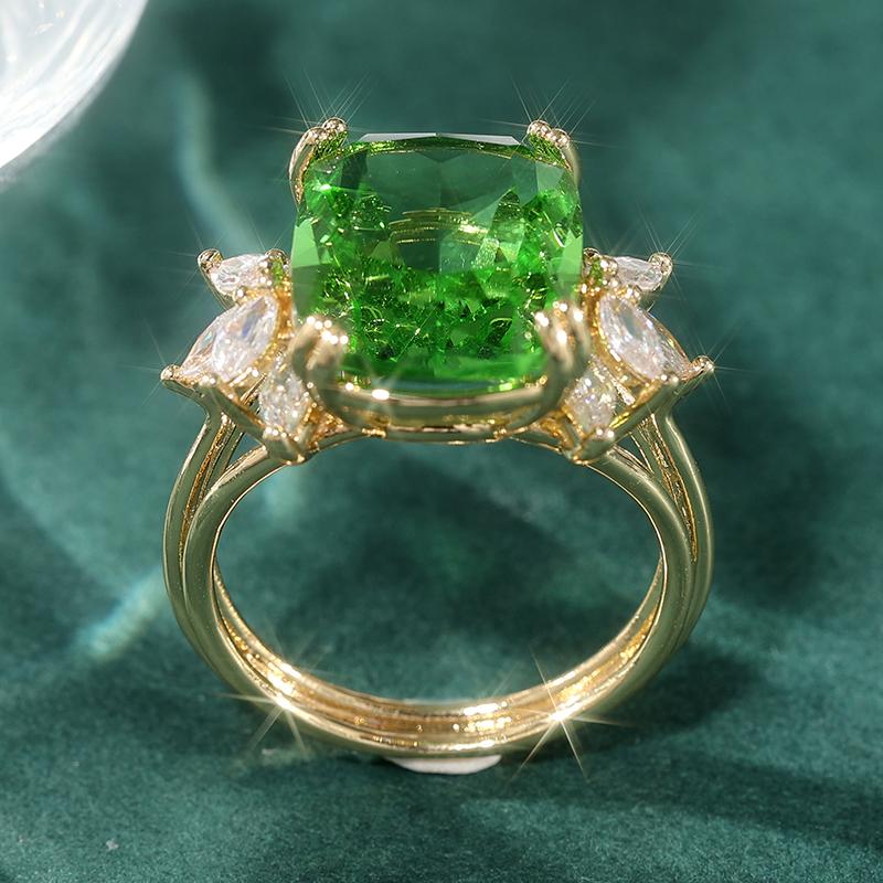 Fashion Gold Color Inlaid White Green CZ Women's Ring Geometry Daily Wear Party Jewelry