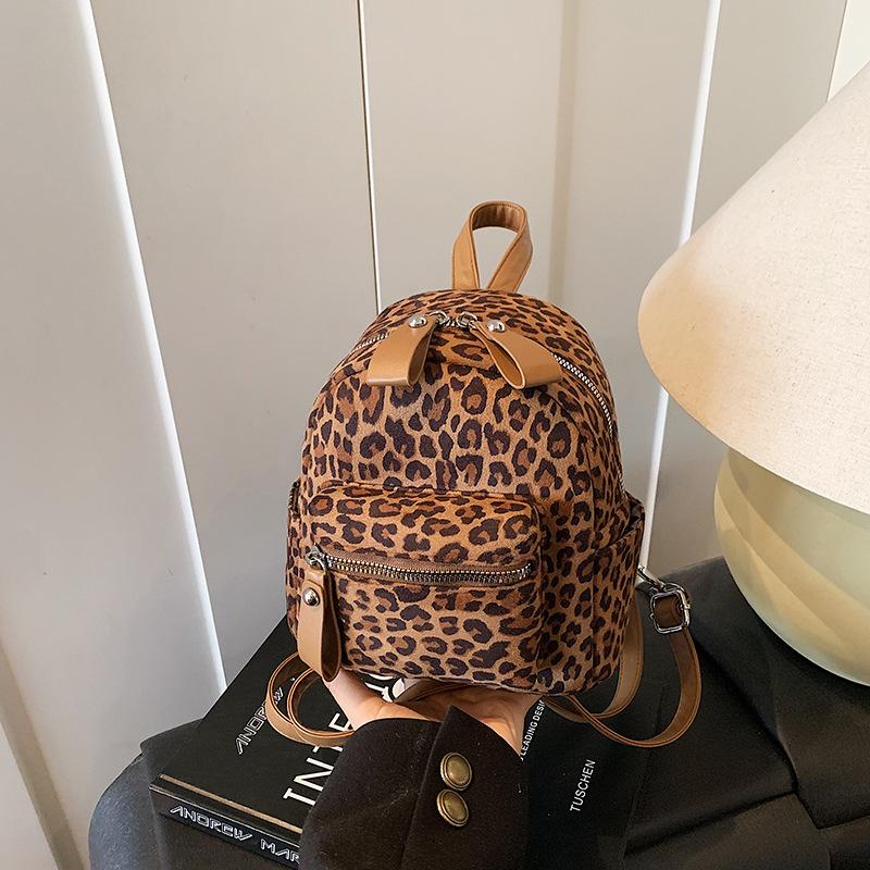 Leopard print backpack female fashion student class schoolbag street trend light travel small backpack