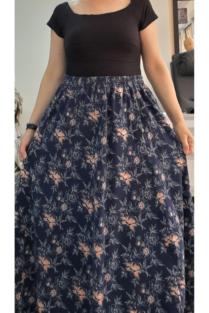 Women's Style Big Size Skirt Navy Blue Floral Patterned 6 Piece Combed Cotton Skirt