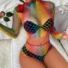 Sexy Women's Long Sleeved Colorful Mesh Suit Erotic Lingerie Set Hollow Sex Fishnet Perspective Underwear Exotic Costumes