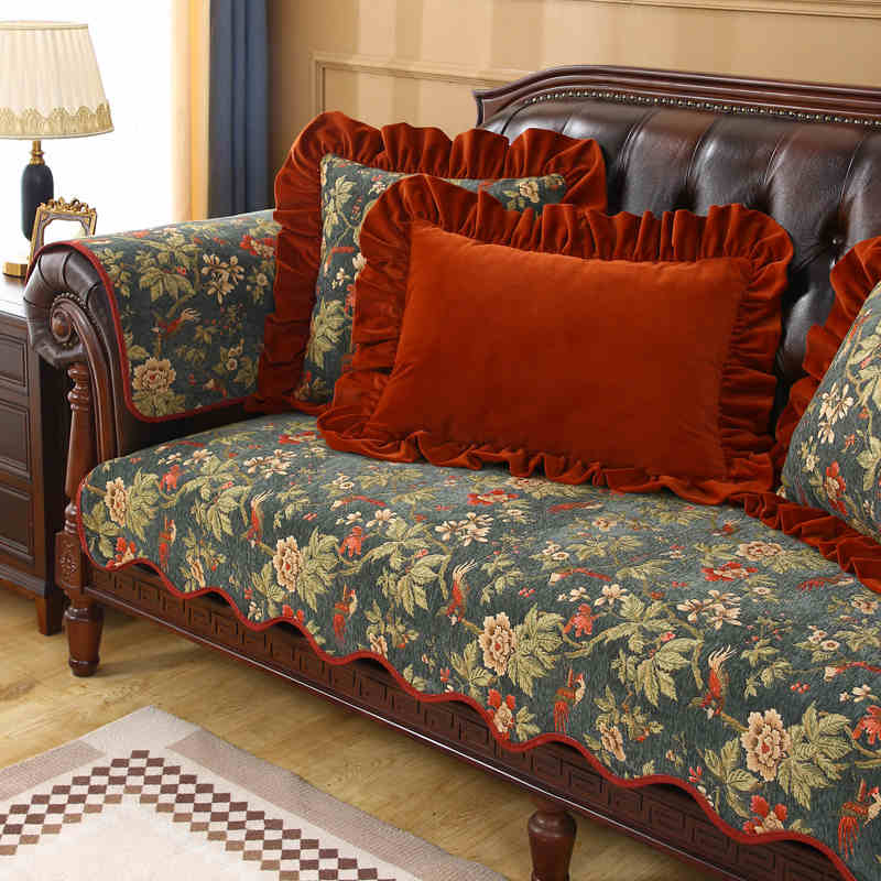 Chenille Jacquard Sofakissen Alle Jahreszeiten Retro Sofabezug Heimdekor Rutschfestes Couchkissen Wohnzimmer Sofa Schutzbezug