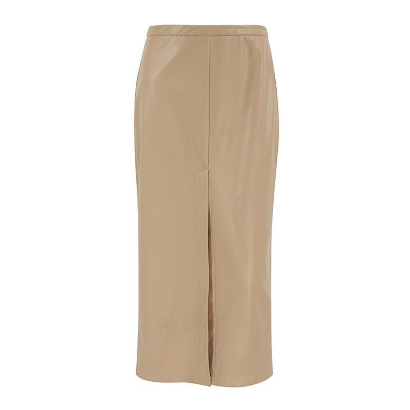 European and American Khaki Leather Retro Style Mid Waist Slim Fit Slimming Sexy Split High Waist Skirt