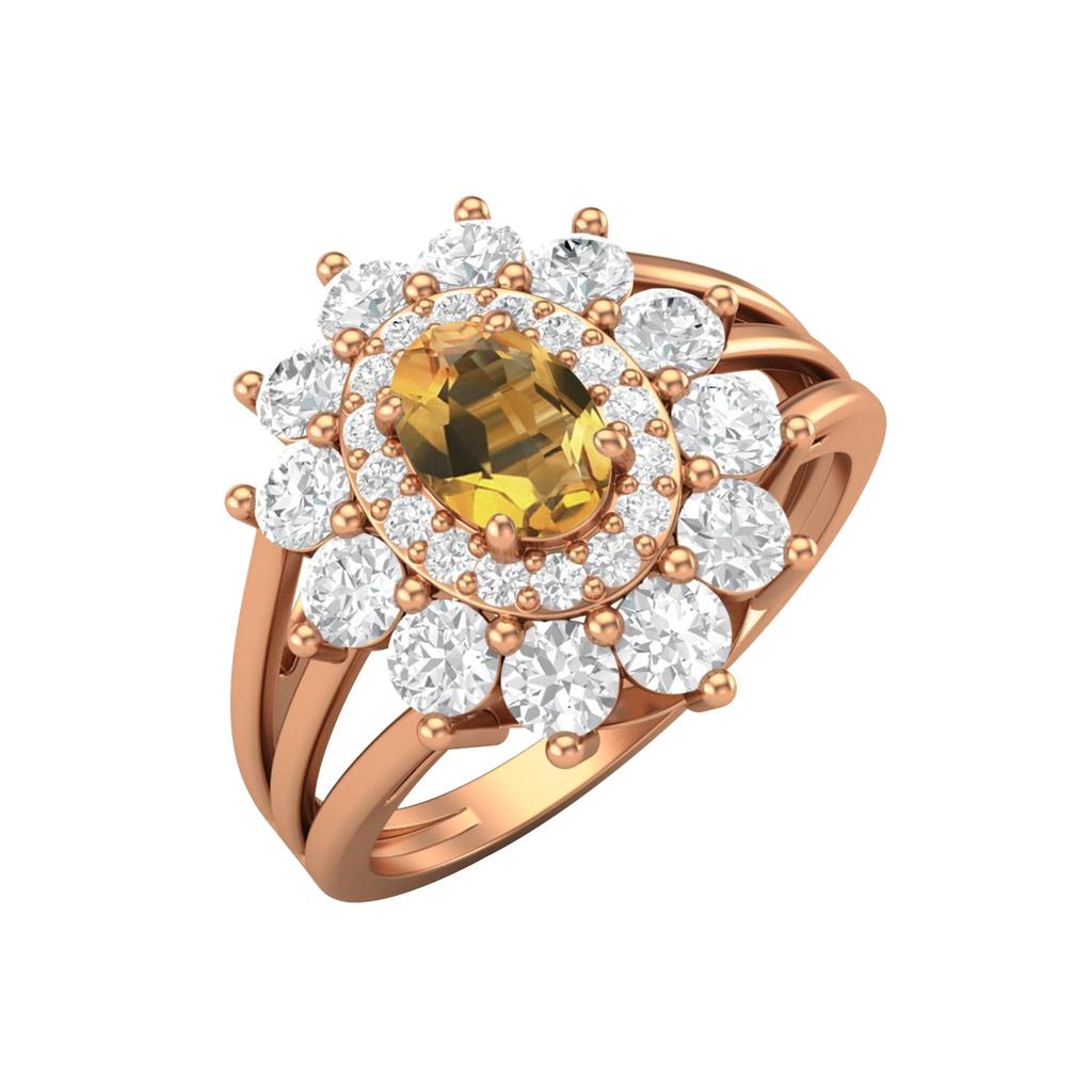 6X4MM Oval Citrine Gemstone 925 Sterling Silver Rose Plated Halo Split Shank Ring
