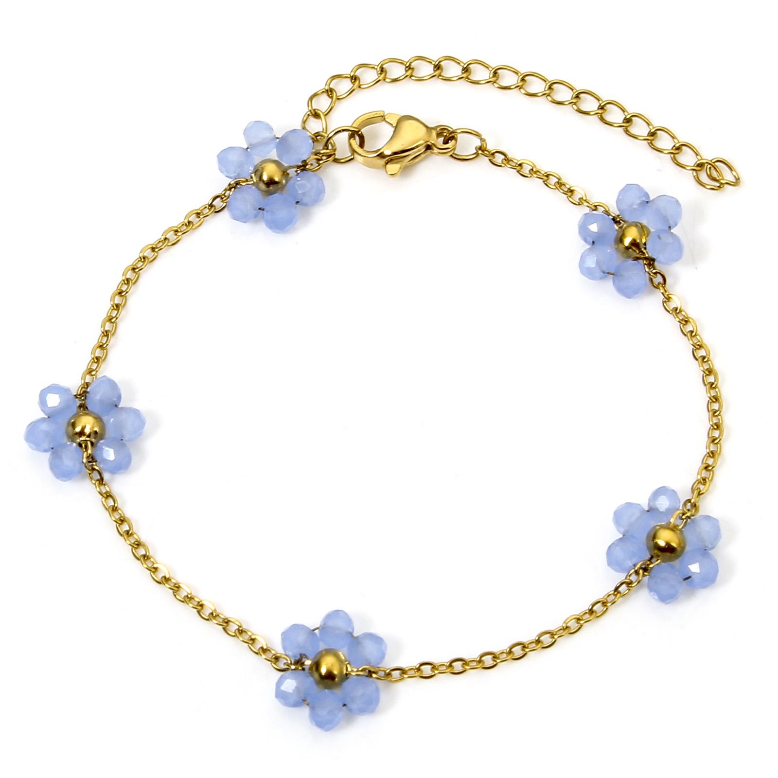 

1 Piece 304 Stainless Steel Handmade Link Chain Bracelets Colorful Glass String Beads Flower 18K Gold Plated 17cm(6 6/8 ) long