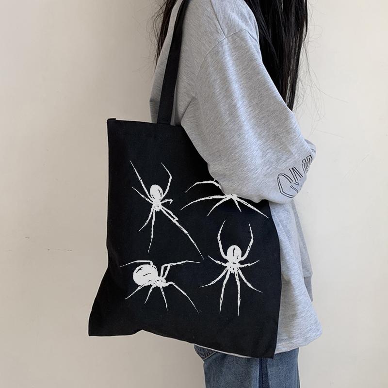 Japanese Evil Spider Print Canvas Bag Casual New Punk Y2k Dark Female Shoulder Bag Large-capacity Hip-hop Vintage Shopper Bag