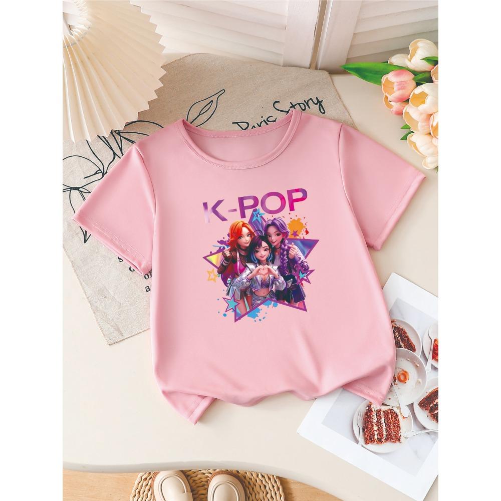 Girls K-POP Idol Group Print Short Sleeve T-Shirt Cute Cartoon Graphic Tee Kids Summer Casual Top