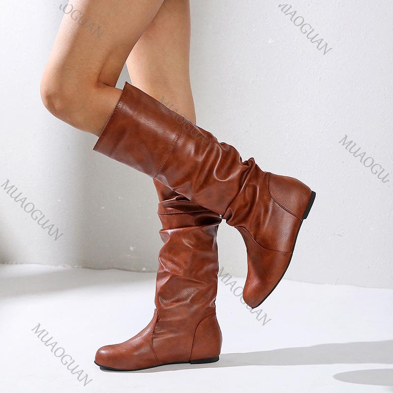 Fashion Large Size Flat Knee High Boots for Women Spring Autumn Casual Shoe Solid Color Round Toe Pleated Thigh High Knight Botas Female