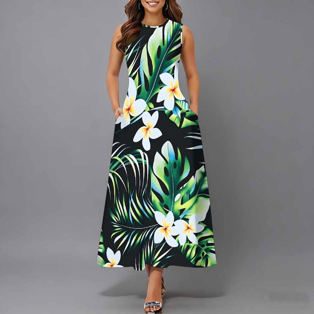 Ladies Oversized Sleeveless Crew Neck Dress Vintage Floral Branch Printed Flowy Calf Length Dress