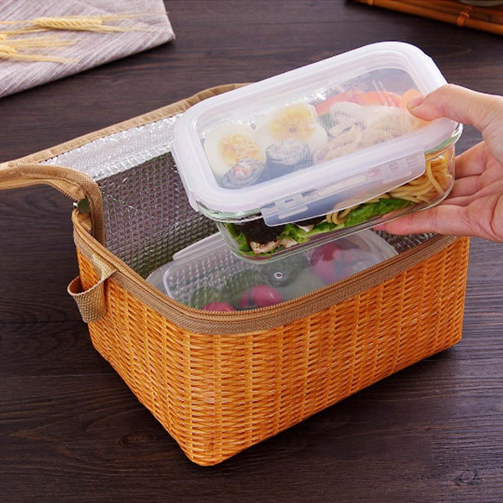 Straw Woven Waterproof Insulated Thermal Bento Bag Insulated Lunch Tote Bag for Travel Picnic Women Lunch Box Natural Pastoral