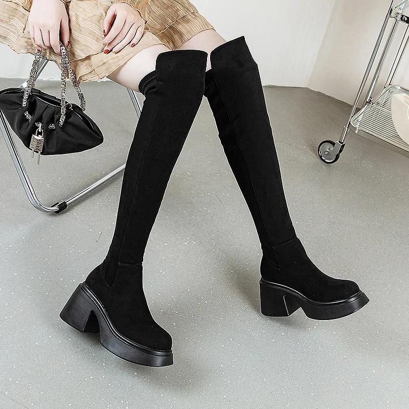 

Высококачественная эластичная синтетическая ткань 8 см, женская осенняя дышащая обувь на платформе и танкетке, модные зимние ботинки без застежек для самых требовательных клиентов 34 чёрный