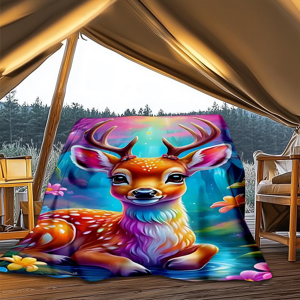 

1pc Rainbow Deer Fantasy Outdoor Blanket - Lightweight Flannel Throw For Travel, Camping, Livingroom, Couch, Chair yy251114243 75x90cm
