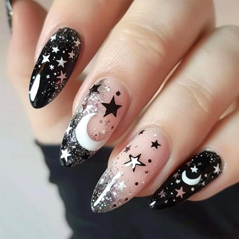 Black Yellow French Tip Press on Nails with Flower Design Long Almond Natural Glue on Nail Glossy Acrylic False Nails Reusable Artificial Stick on