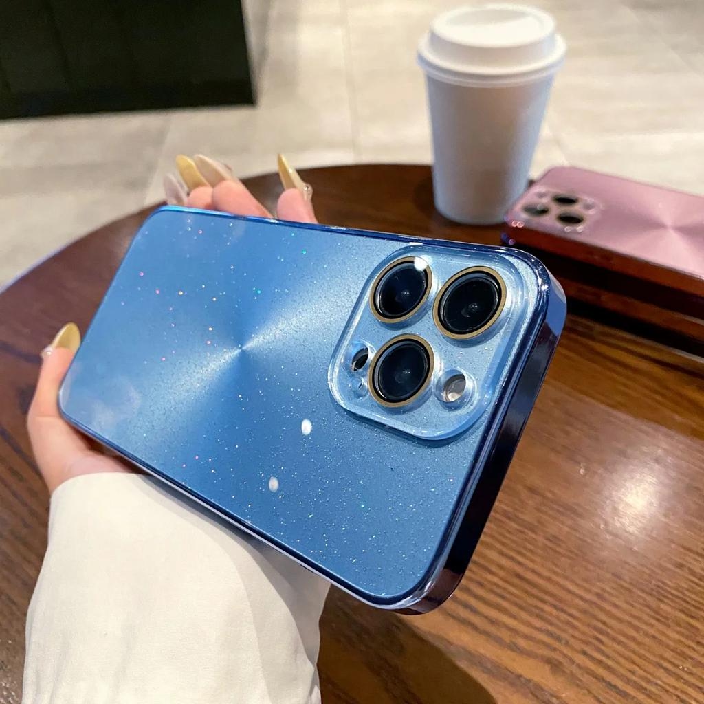 Luxury AG Plating Bling Glitter Glass Lens Protection Case For iPhone 16 15 14 Plus 13 12 11 Pro Max Laser Aurora Pattern Cover