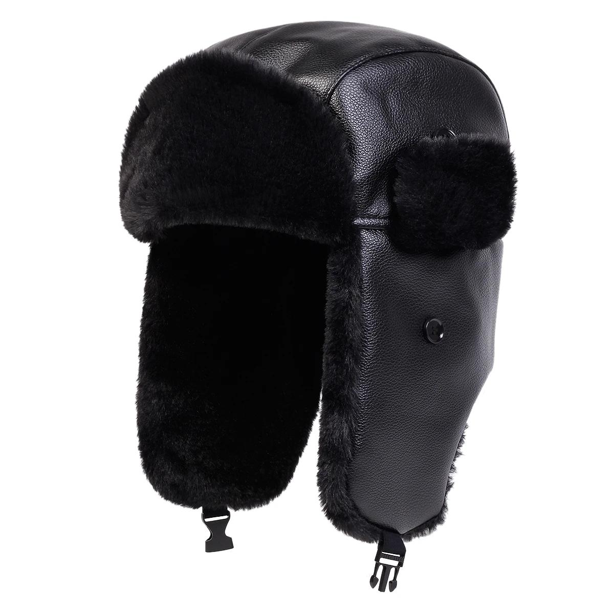 Unisex Pu Lei Feng Hat Winter Earflap Hat Keep Warm Ski Hat Bomber Hat For Outdoor Riding Snow Activities