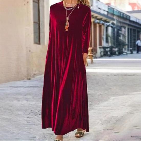 Damen Samtkleid Herbst Freizeit Rundhals Langarm Maxi Kleid Locker Hochzeitsgast Cocktail Abendkleid