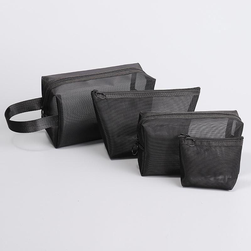 Thick Black Nylon Mesh Makeup Bag: Portable Women's Skincare and Lipstick Organizer