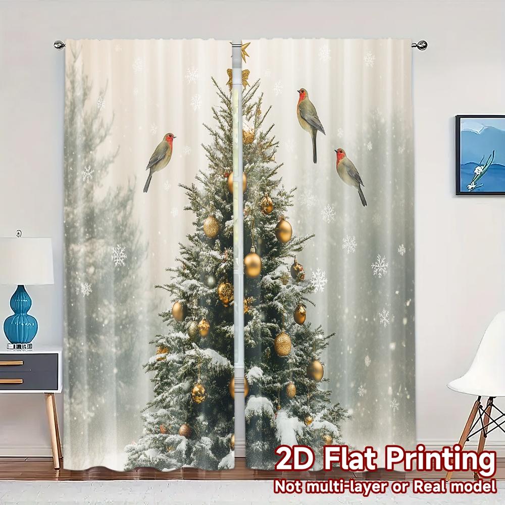 

2pcs,Curtains Christmas Tree Snow Robin Birds (2) Chic Curtain Cloth Versatile Polyester Fabric Curtains Gifts Ldeal for 52.50×116.00 CM 2pcs