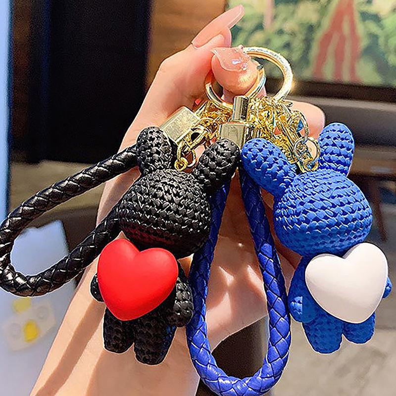 Peach Heart Woven Love Rabbit Key Chain Couple School Bag Car Key Chain Pendant