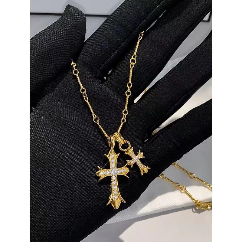 Diamond-encrusted Double Cross Necklace Niche Design Personalized Versatile Collarbone Chain Punk Accessories