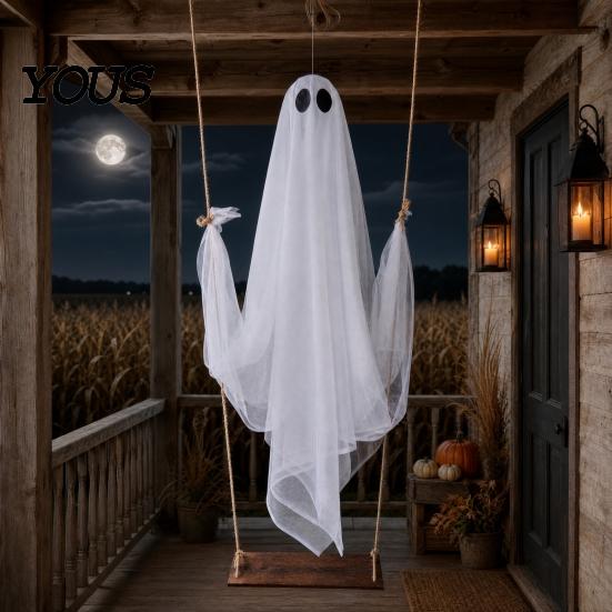 Swinging Ghost Light Halloween Decoration, Large Hanging Swing with LED String Lights, Button Battery Powered Figure for Outdoor Indoor Party