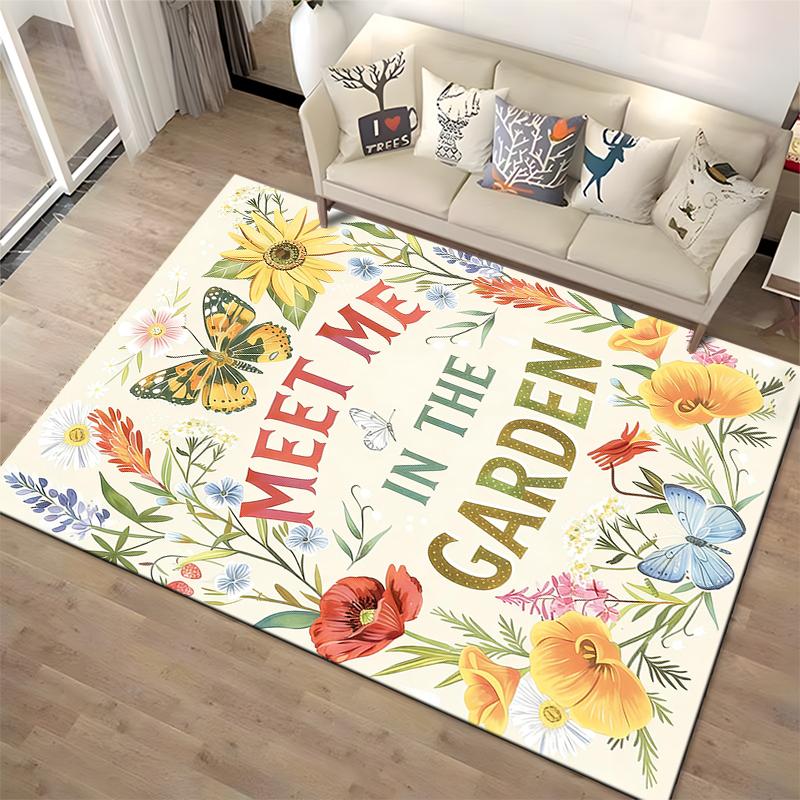 "Floral Carpet With 'Meet Me In The Garden' Text and Butterflies" Suitable for Use As an Anti-slip for Living Room Bedroom Sofas