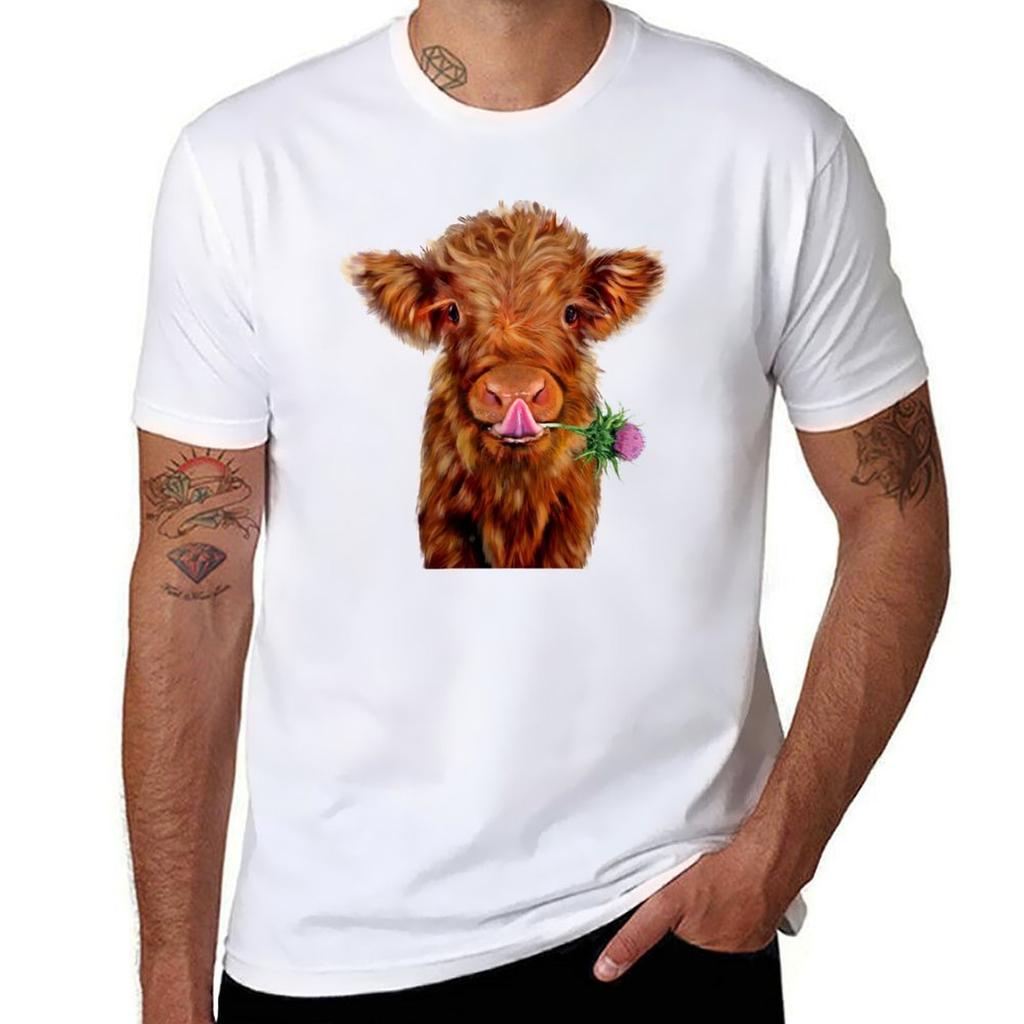 Baby Highland Cow With Thistle Flower Tshirt Cotton T Shirts Unisex 100 Anime Tshirt Tshirt