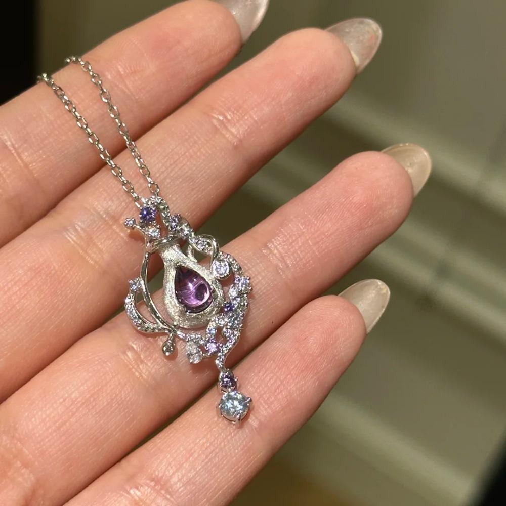 Italian Luxury Necklace with Real Amethyst Perfume Bottle Pendant and Purple Diamond for Women