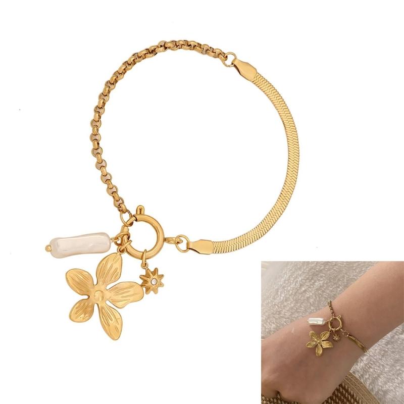 Heart Pendant Bracelet Trendy Flower Chain Jewelry Stainless Steel Texture Suitable for Casual and Special Occasion