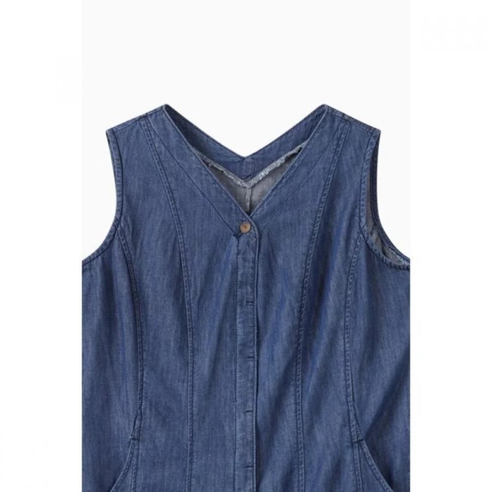 Benetton Hidden Button Sleeveless Denim Long Dress Baop93631