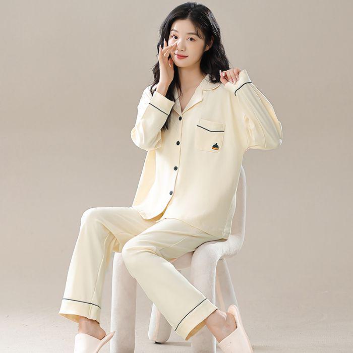 

«2024 Женская хлопковая пижама с нагрудными накладками — длинный рукав, одежда для активного отдыха на весну/осень» L (100-120 lbs)