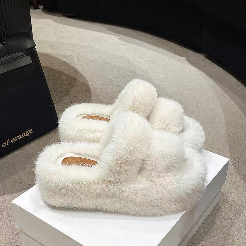 

Soft Fur Design Thick Sole 7cm Home Slipper for Women Open Toe Winter Warm Indoor Female Platform Flat 7cm Furry Plush Shoes 34 білий