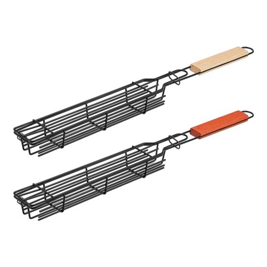 Barbecue Grill Baskets for Meat Vegetables Lockable Grille Rolling BBQ Cage with Wooden Handle Barbecue Net Rack for Shrimp Fish Veggies