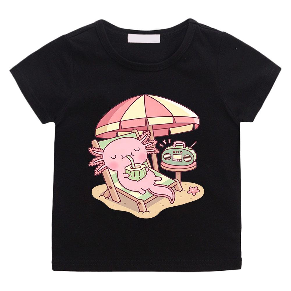 Cute Axolotl Children's T-shirts 100%cotton Drinking Coconut Water on The Beach  Funny Print Short Sleeve Boys Girls Tees Anime T-shirt Summer clothes