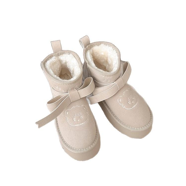 Cute thick-soled snow boots for women 2025 new winter sheep puffs bow warm and velvet non-slip cotton shoes for women