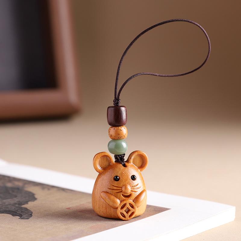 Sandalwood Zodiac Keychain Charm for Men & Women - Cute Mouse Pendant for Keys & Phones