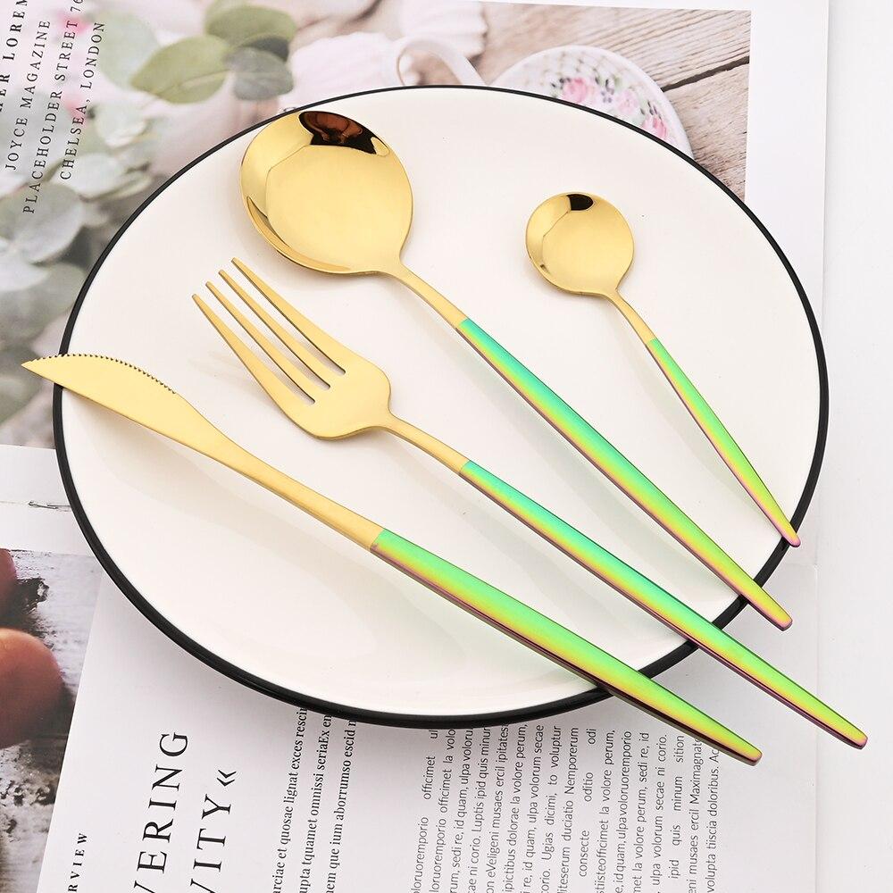 24Pcs Tableware Set Stainless Steel Dinnerware Knife Fork Spoon Dinner Flatware Kitchen Colorful Elegant Black Gold Cutlery Set