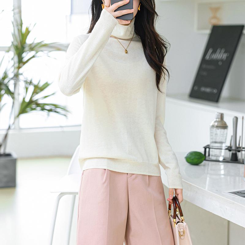 0 Wool Sweater Women's Loose and Thin Long Sleeves Stacked Collar Curled Pullover Sweater Backing Knitted Top Thin New