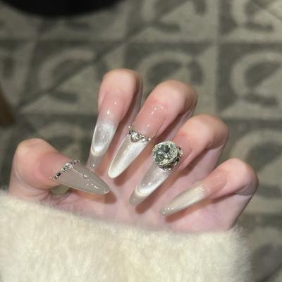 Blasting Diamond Manicure Cute Cat Eye French Broken Diamond Nude Color Wearable Armor Pure Handmade Armor