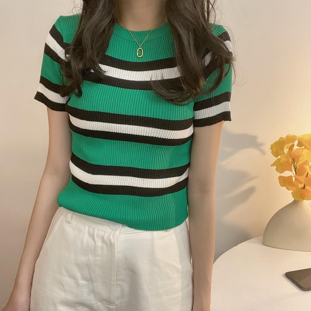 Fashion Striped Short-sleeved T-shirt Women's Spring and Summer Pullover Round Neck Slim Colorblocking Knit Shirt Tops Casual Slim Fit Pullovers Tees
