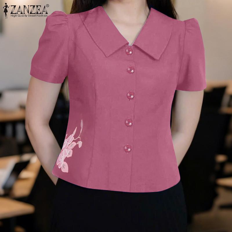 ZANZEA Women Turn Down Collar Summer Short Sleeve Casual Print Blouse