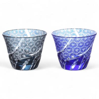 Mizukage Kiriko Pair Glasses Cups for Cold Tea 100cc Random Carving Small Pattern Ink Blue Blue with Engraved Base Bishou Current Model J-kitchens