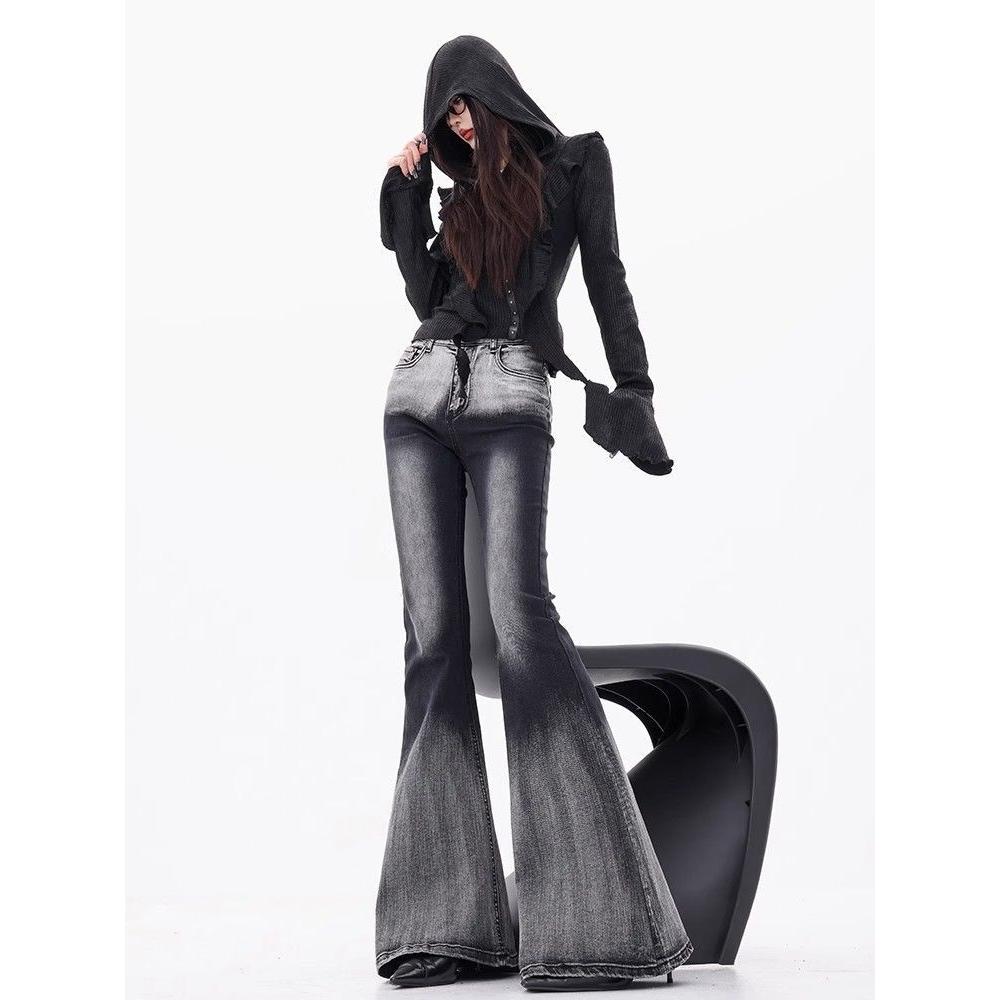 Retro Gradient Micro Flared Jeans for Girls Slimming Down and Dragging the Floor with Horseshoe Shaped Pants